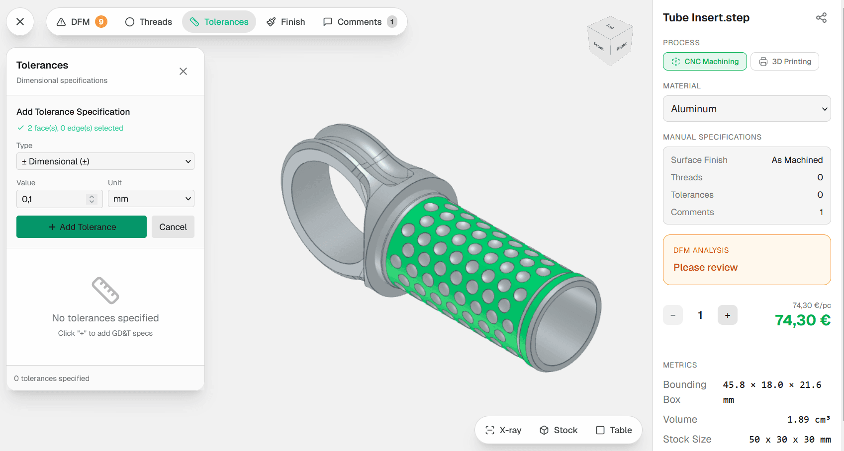 Adding tolerances, threads and specifications to a part