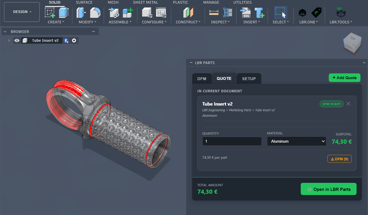 Autodesk Fusion with the LBR plug-in showing an instant price and DFM feedback for a part